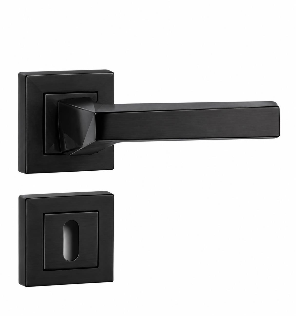 Lotus Kare Rozetli Oda Kapı Kolu MAT SİYAH
